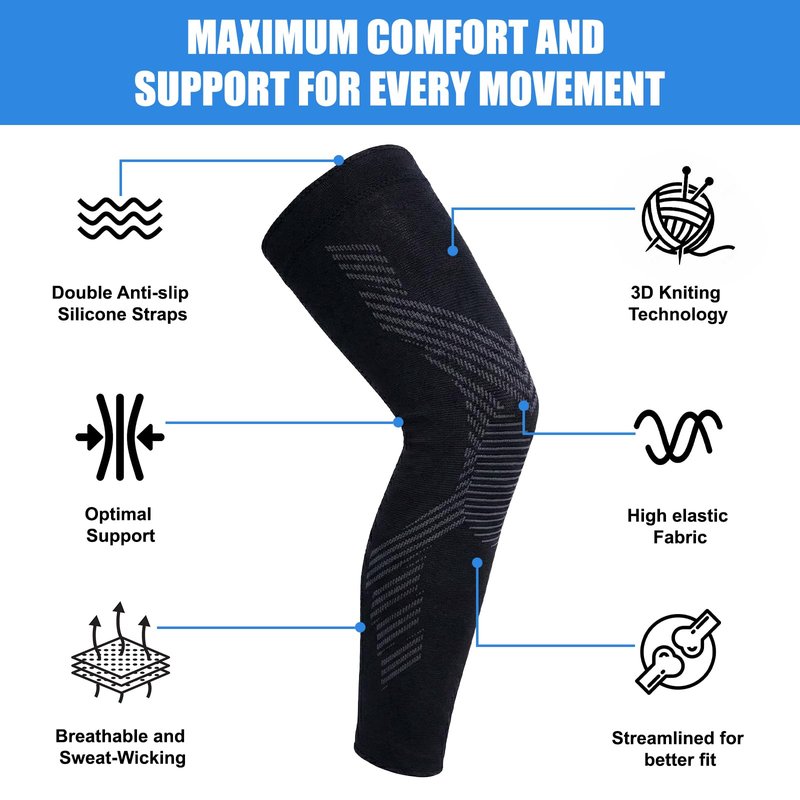 NuCamper Full Leg Compression Sleeves for Men and Women,2 Pack Legs Sleeves Long Knee Brace Support for Running, Basketball, Cycling, Workout, Sports - Black,L