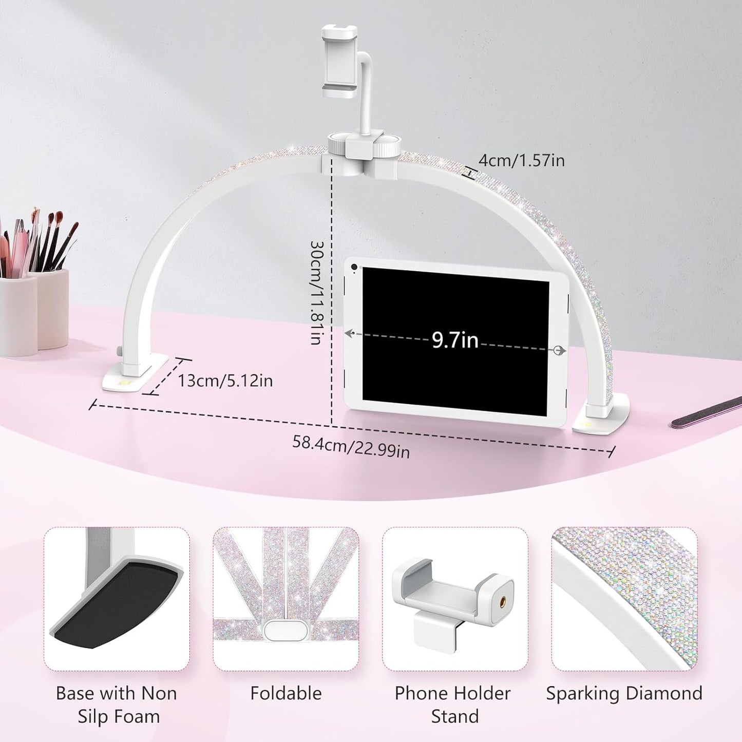 Yokilly Foldable Half Moon Nail Desk Lamp with Phone Holder - 3 Color Modes & 10 Brightness Levels for Manicure Salon