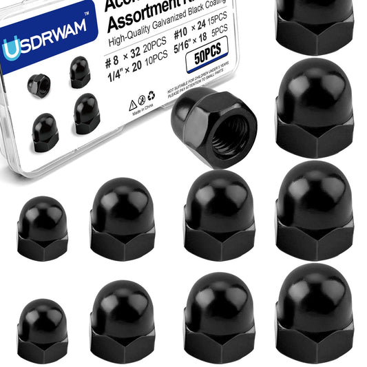 50Pcs 4 Size #8-32#10-24 1/4"-20 5/16"-18 Acorn Cap Nuts Assortment Kit, Zinc Plating-Black Hex Head Acorn Cap Nuts, Stainless Steel 18-8 (304) Hexagon Dome for Indoor Outdoor