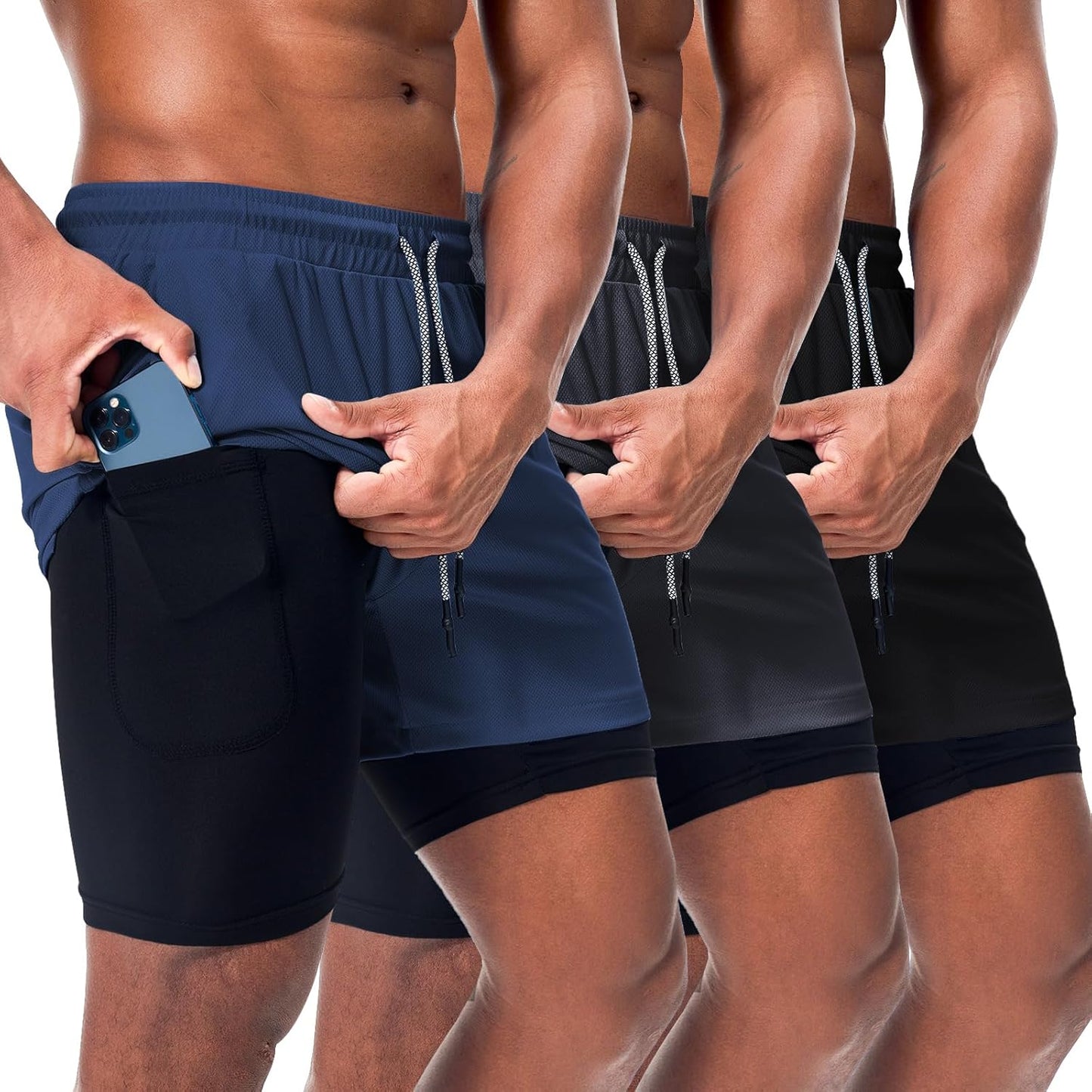 Surenow Men's 2-in-1 Athletic Gym Shorts - Quick Dry, Lightweight Workout Shorts with Pockets - 3 Pack
