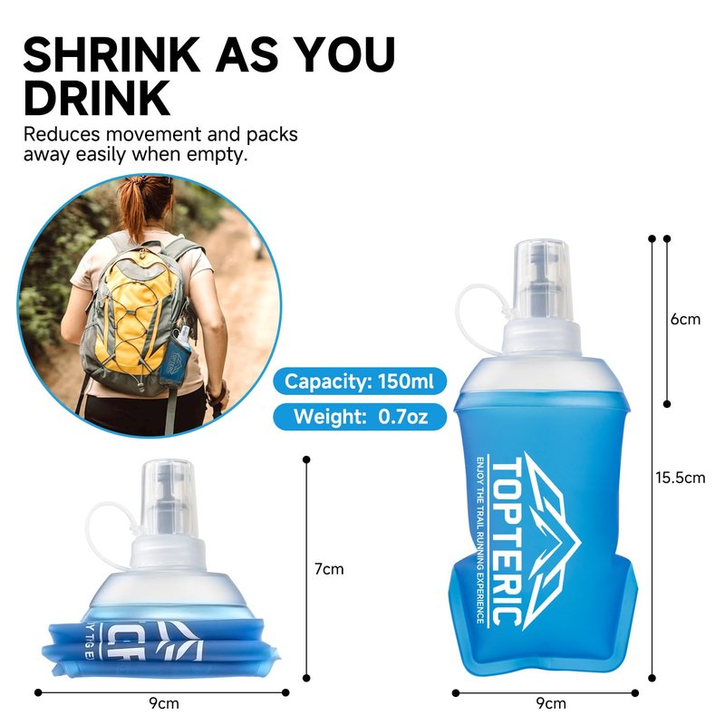 TOPTERIC Collapsible Soft Flask Water Bottle, TPU Soft Folding Flexible Water Bottles for Hydration Pack/Running Vest, BPA/PVC Free, Ideal for Running Hiking Cycling Climbing (150ml-2 Pack)
