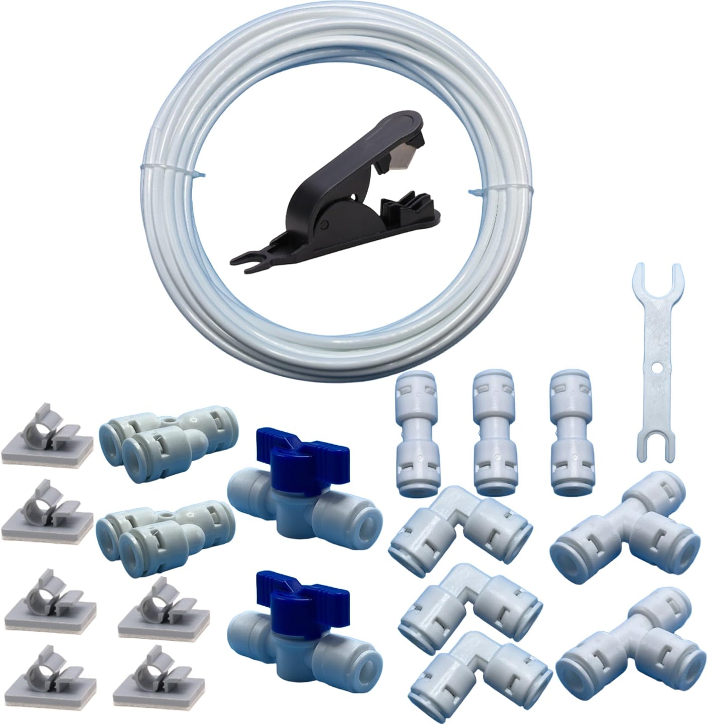 32ft RO Tubing Kit (20-Piece): 1/4" O.D. RO Water Line + Quick Connect Fittings (Valves, Elbow/Tee Couplings, Clip, Tool) for Water Purifier/Refrigerator System