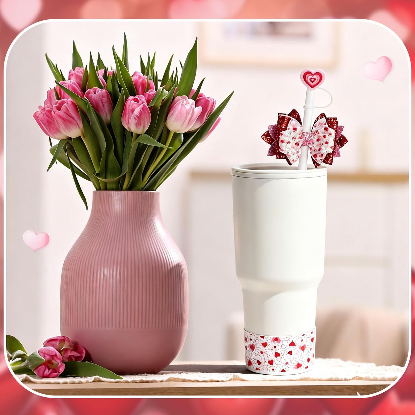 Yungyan 3 Pcs Mother's Day Cup Accessories Set Cup Accessories Heart Straw Cover Glitter Straw Bow Silicone Boot Mother's Gifts Women Gift Love Heart Tumbler Decorations