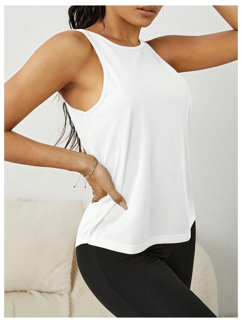 OYOANGLE Women's Workout Tank Top Cut Out Backless Running Sports Athletic Sleeveless Tops White Large