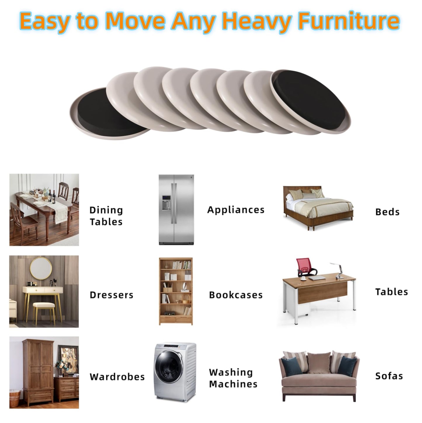 Furniture Sliders for Carpet - Furnigear 8 PCS 5" Furniture Sliders, Heavy-Duty Furniture Gliders Movers for Hardwood Floors, Plastic Moving Pads for Heavy Furniture, Floor Protectors for Carpet