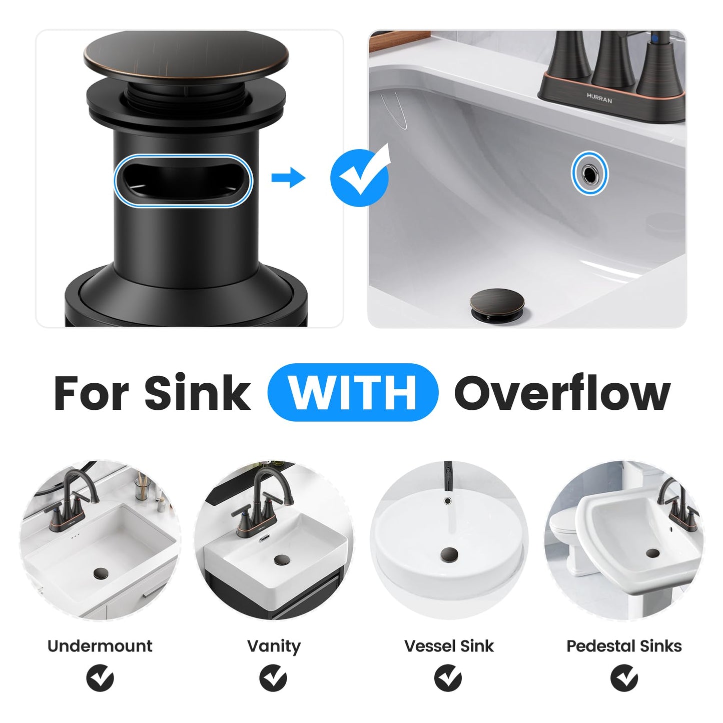 Bathroom Sink Drain with Overflow, Hurran Universal Bathroom Sink Stopper for Bathroom Vanity Vessel Sink, Plastic Pop-up Sink Drain with Hair Catcher Anti-Clog Strainer, Oil Rubbed Bronze