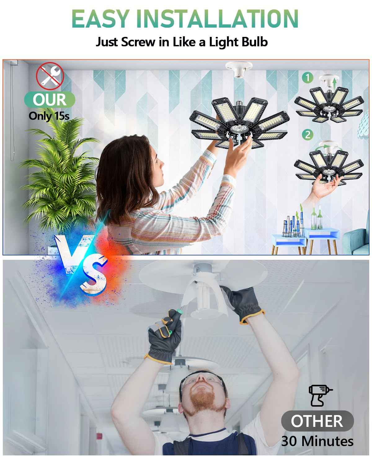 YIBEYYDS Garage Light - 240W 24000LM 6500K LED Garage Ceiling Lights with 8+1 Deformable Panels Support E26/E27 Screw in Light Fixture for Workshop, Basement (6)