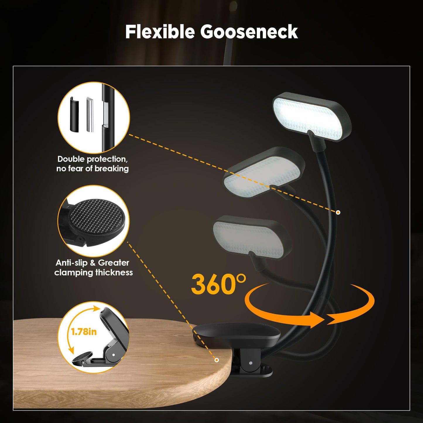 Book Light for Reading at Night - 3 Color Modes & 70 Hours Runtime Reading light for books in bed, Rechargeable LED Book Light Clip On with Flexible Neck, Eye-Care, Gift for Book Lovers, Matte Black