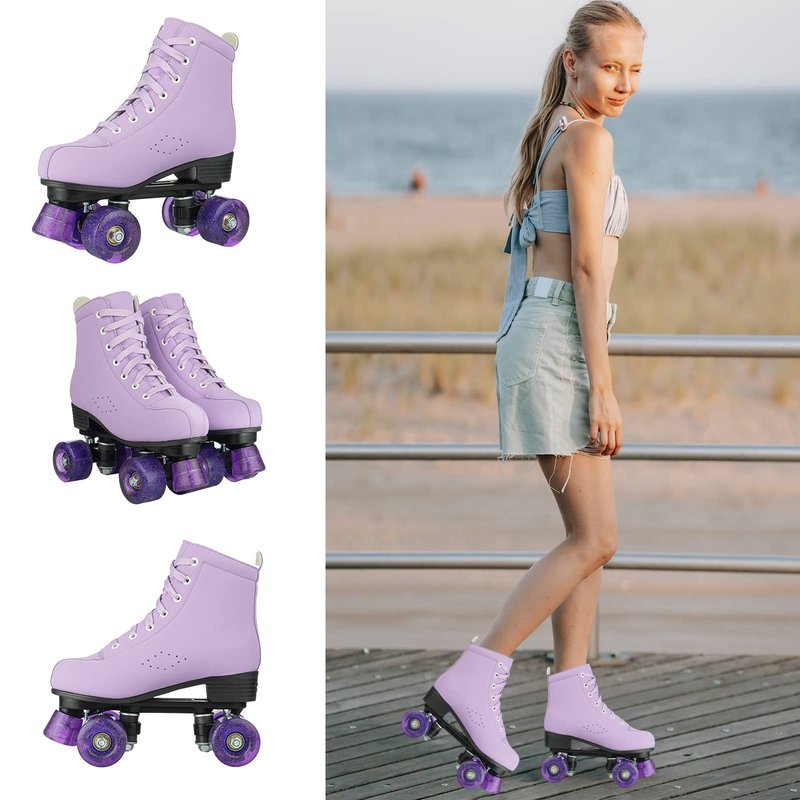 YYW Stylish Roller Skates for Women Girls, High-top Cozy Microfiber Leather Roller Skates,Classic Double Row Indoor Outdoor Roller Skates for Beginner (Purple,37-US Women 7/ Youth 6)