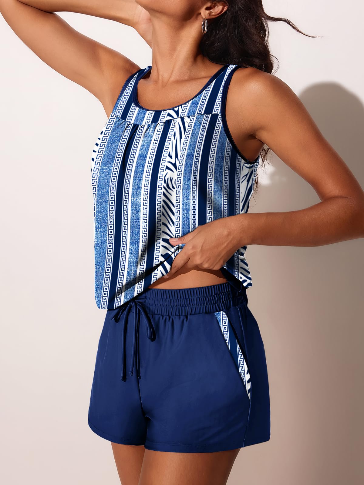 Summer Mae Womens Tankini Swimsuits Two Piece with Pockets Blue Vertical M