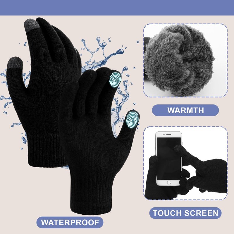 Silicherry 3 Pcs Waterproof Beanie Hat Circle Scarf Touchscreen Gloves Set for Men Women Fleece Thermal Winter Hat Waterproof Windproof Cuff Beanie Gloves Neck Warmer for Ski Walking Running Black