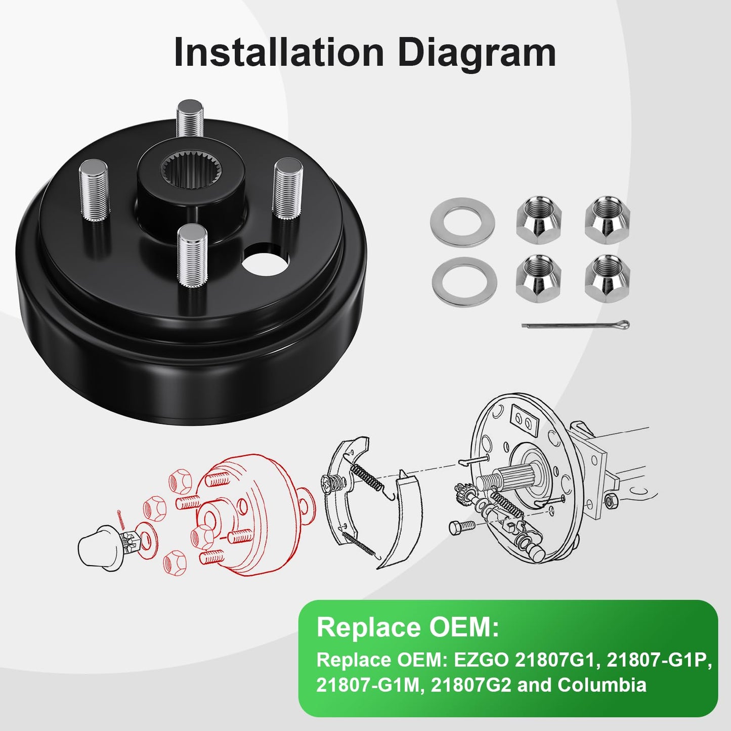 21807G1 Golf Cart Brake Drum for EZGO TXT 30 Tooth Spline Brake Drum, 1 Inch Large Hole Brake Hub with Nuts For 4 Cycle Gas 1996-Up EZGO TXT/RXV/Medalist/Marathon/Columbia, OEM# 21807-G1/G2, 41843-94