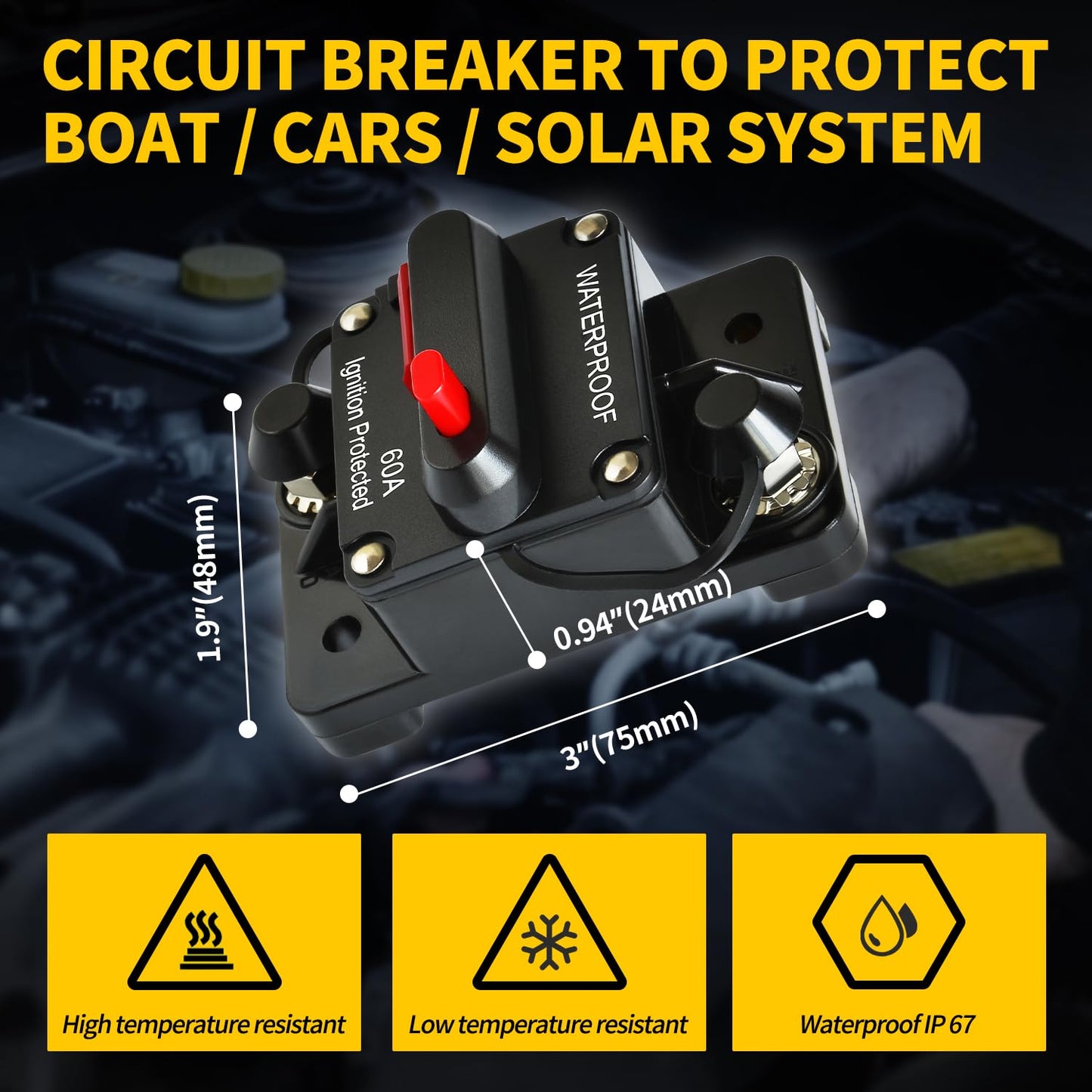 60Amp Circuit Breaker | DC 12V-48V for Marine, RV, Solar Systems - IP67 Waterproof, Manual Reset (Pack of 2)