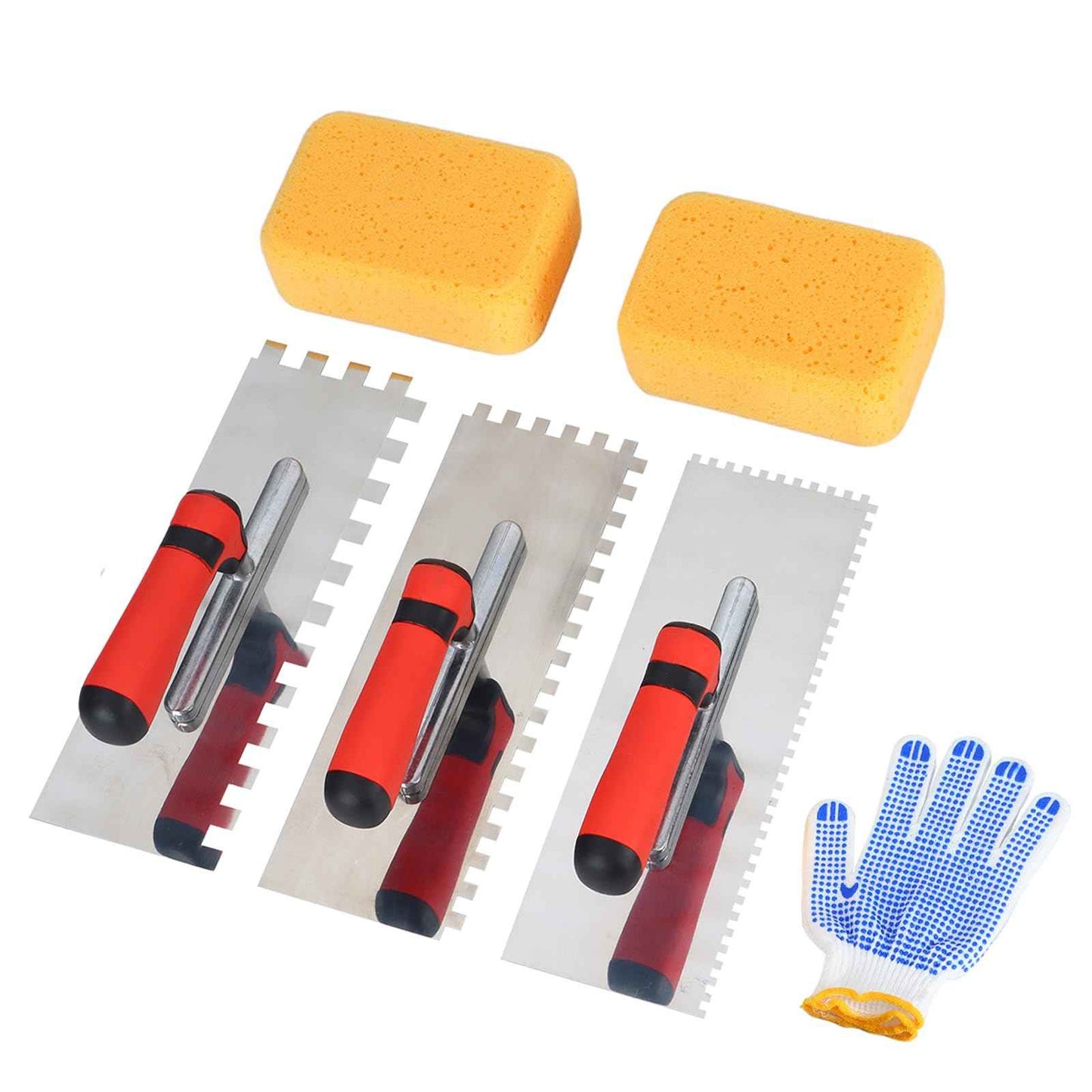 Square Notched Tile Trowel Set,Made of Premium Stainless Steel,with Grout Sponge and Work Gloves, Masonry Tools for Tiling Installation(Notch Size: 5/32" & 5/16" & 1/2")