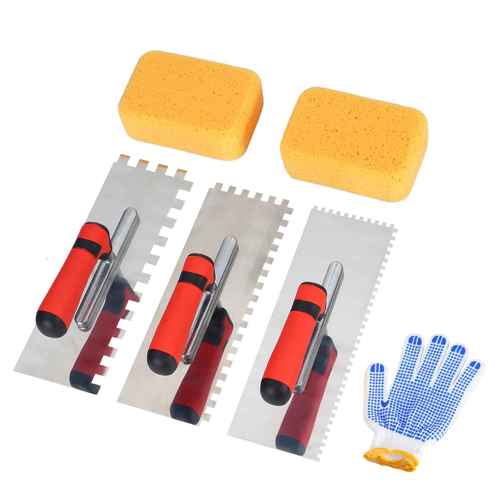 Square Notched Tile Trowel Set,Made of Premium Stainless Steel,with Grout Sponge and Work Gloves, Masonry Tools for Tiling Installation(Notch Size: 5/32" & 5/16" & 1/2")