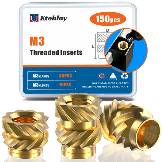 Ktehloy 150Pcs M3 Threaded Inserts, M3 Female Thread Metric Knurled Nuts Assortment Kit, Brass Heat Set Insert for Plastic and 3D Printing Components (M3x4x5, M3x6x5)