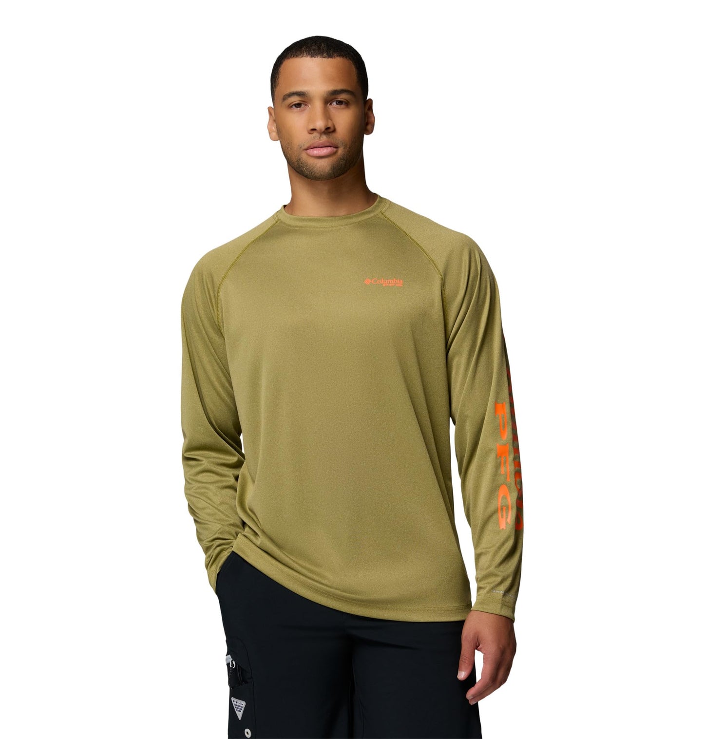 Columbia Men's PFG Terminal Tackle Long Sleeve Fishing Shirt, Grove Green Heather/Spark Orange Logo, Large