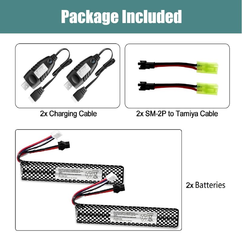 Skywolfeye Airsoft Battery 11.1V 2000mAh SM2P Plug with USB Charger for Airsoft Gel Water Bead Blaster Rechargeable Batteries Hobby Remote & App Controlled Vehicle Batteries (2Pack)
