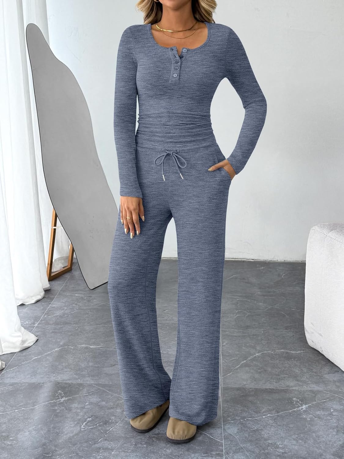 Trendy Queen 2-Piece Women's Lounge Set - Cozy Henley Neck Sweater & Wide Leg Pants