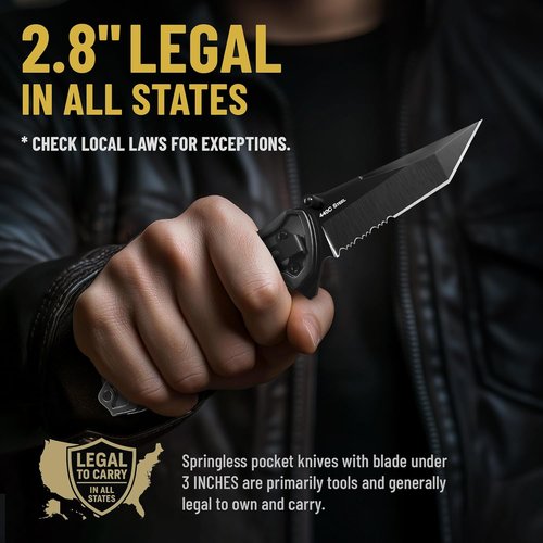 Legal Pocket Knife | Skiennix 5-in-1 Tactical Folding Knife - 2.8” Serrated Tanto Blade with Glass Breaker & Seatbelt Cutter
