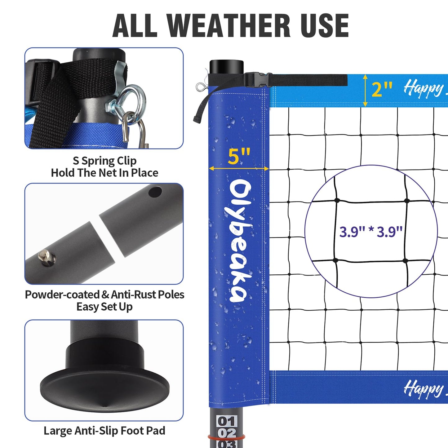 Outdoor Portable Volleyball Net Set for Backyard Beach with Adjustable Heavy Duty Poles, Durable Net, PU Volleyball & Pump, Carry Bag (Dark Blue and Light Blue, 32ft)