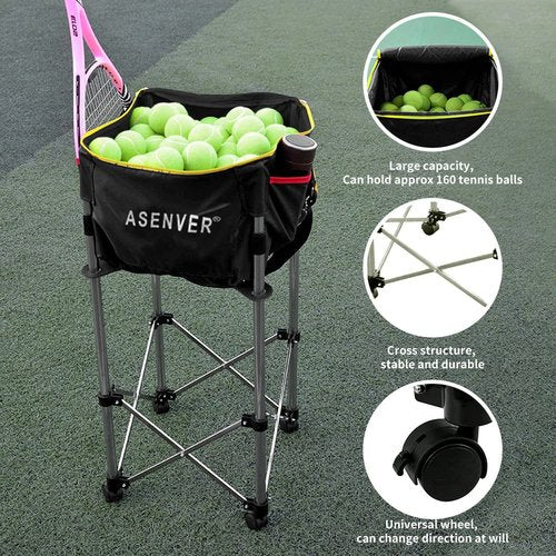ASENVER Tennis Ball Cart Removable Pickleballs Hopper with Wheels Basket Hold Up to 160 Balls for Tennis Ball (Black)