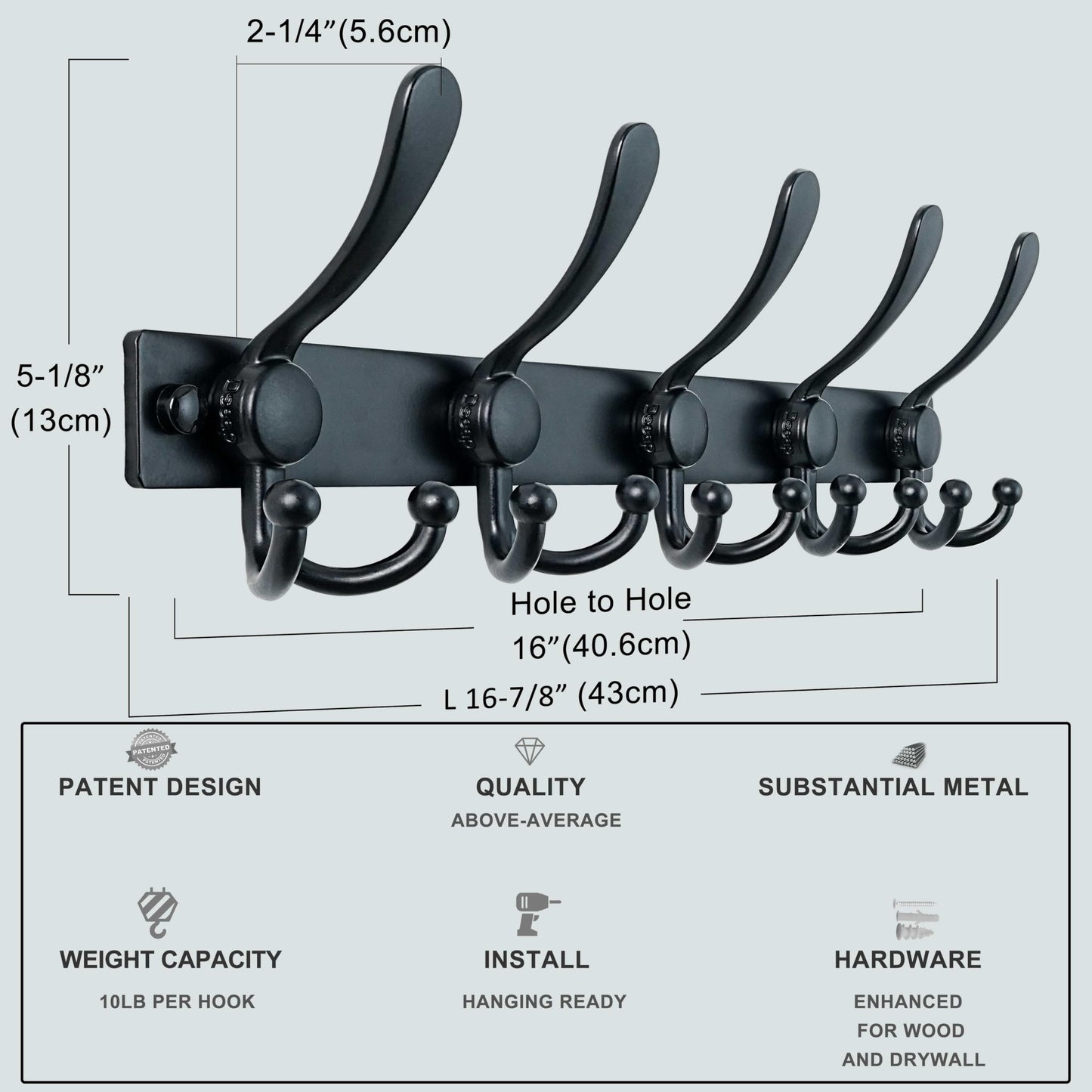 Dseap Coat Rack Wall Mount 2.0 Pro: Heavy Duty 300% Thicker, 16" Stud Mount, Stainless Steel Wall Coat Hooks Hanger for Clothes Jackets Hats Entryway Closet, MaxStrong Series, Black