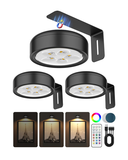 Picture Lights for Wall,Wireless 2000mAh Rechargeable Magnetic LED Puck Lights with Remote,Warm Color Temps and 12 RGB,Dimming & Timer,Art Frame Light for Painting Display,Photos,Wall Decor(3 Pack)