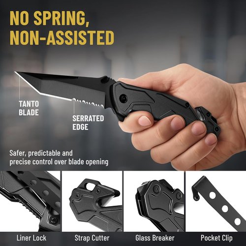 Legal Pocket Knife | Skiennix 5-in-1 Tactical Folding Knife - 2.8” Serrated Tanto Blade with Glass Breaker & Seatbelt Cutter