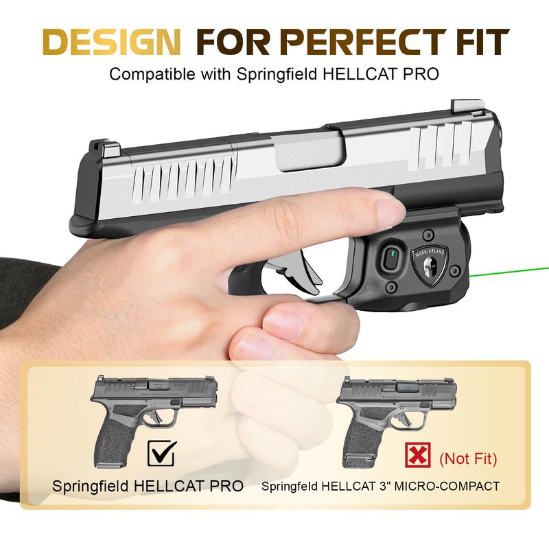 WARRIORLAND Pistol Light Laser Combo Fits Springfield Hellcat Pro, Compact 150-Lumen Trigger Mounted Tactical Weapon Light with Green Laser & White LED, Power Indicator & 3 Light Mode, SLL-110G
