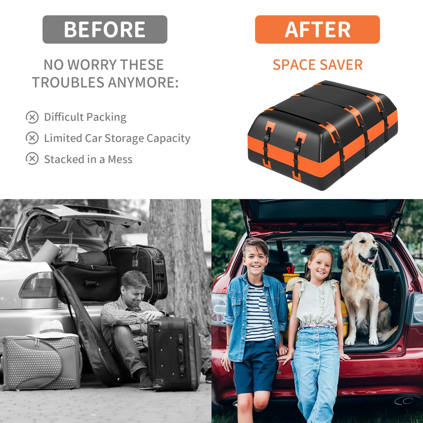21 Cu Ft Waterproof Car Rooftop Cargo Bag Heavy Duty 840D Roof Top Carrier with Anti-Slip Mat, Luggage Lock, 6 Door Hooks for SUVs, Sedans, Minivans – Perfect for Road Trips, Camping, Outdoor Travel
