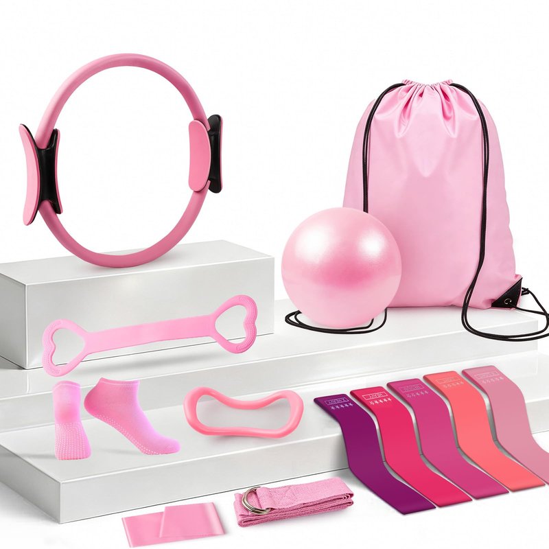 SirDone Pilates Kit for Women, Pilates Equipment for Home Workouts, 13-Piece Pilates Essentials Kit with Pilates Ring and Ball Set, Socks, Figure‑8 Exercise Band, 5-Level Resistance Bands, Bag(Pink)