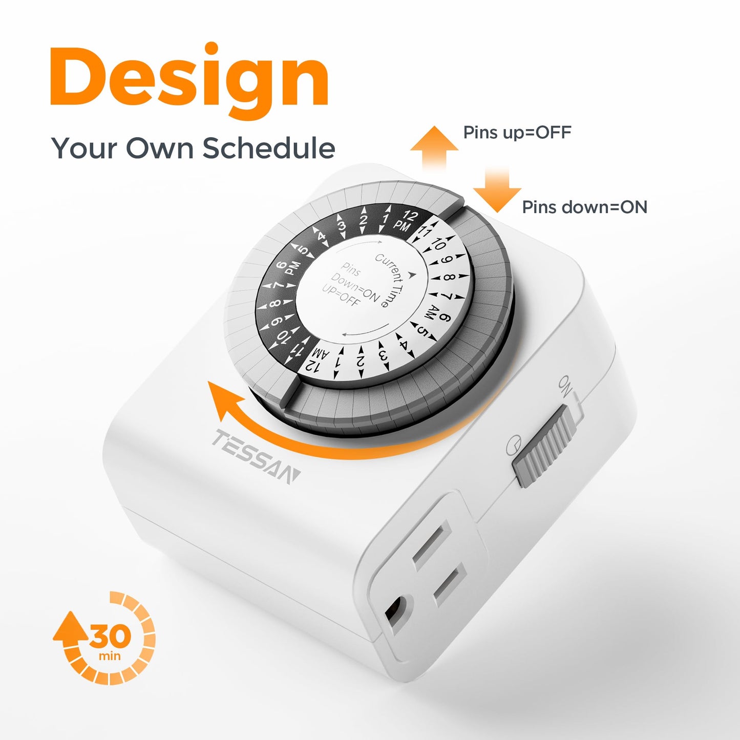 TESSAN Outlet Timer, Mechanical 24-Hour Light Timers for Electrical Outlets Indoor, Dual 3-Prong Sockets 30-Minute Intervals, for Lamps, Christmas Lights, Fans (1 Pack)