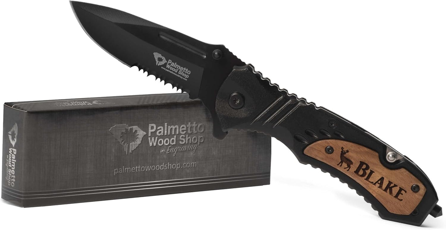 Palmetto Wood Shop Custom Pocket Knife - Laser Engraved Gift for Men | 3.25-Inch Stainless Steel Blade, 4.5-Inch Handle