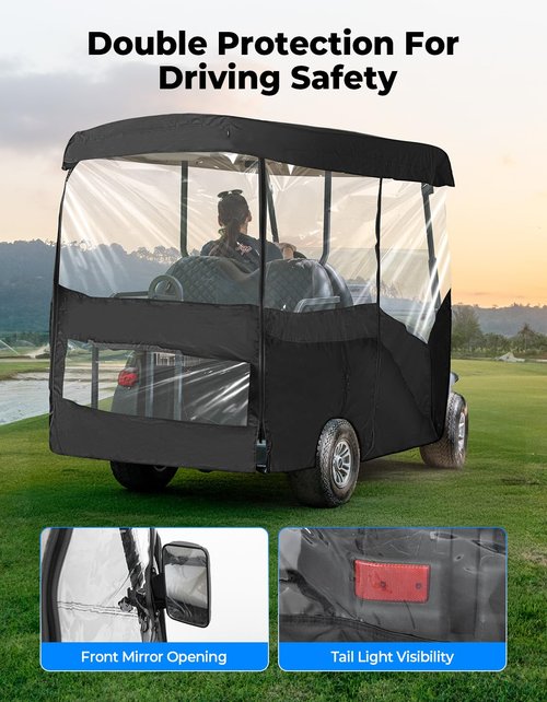 KEMIMOTO Golf Cart Enclosure, 4 Passenger Golf Cart Rain Cover, 600D Waterproof Driving Enclosure with Clear PVC Windshield for Extended Roof Golf Cart