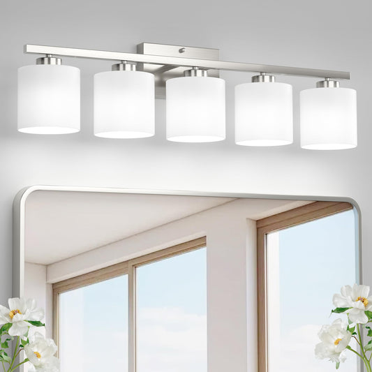 Honesorn Modern Vanity Lights - 5-Light Bathroom Fixture with Frosted Shade & Anti-Rust Nickel Finish