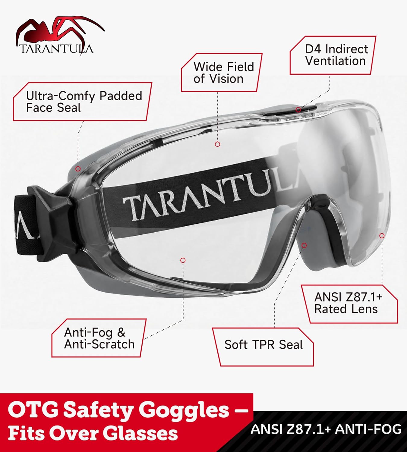 Tarantula Safety Goggles - ANSI Z87.1+ Over Glasses, Anti-Fog & Anti-Scratch, Adjustable Strap | Lab Eye Protection