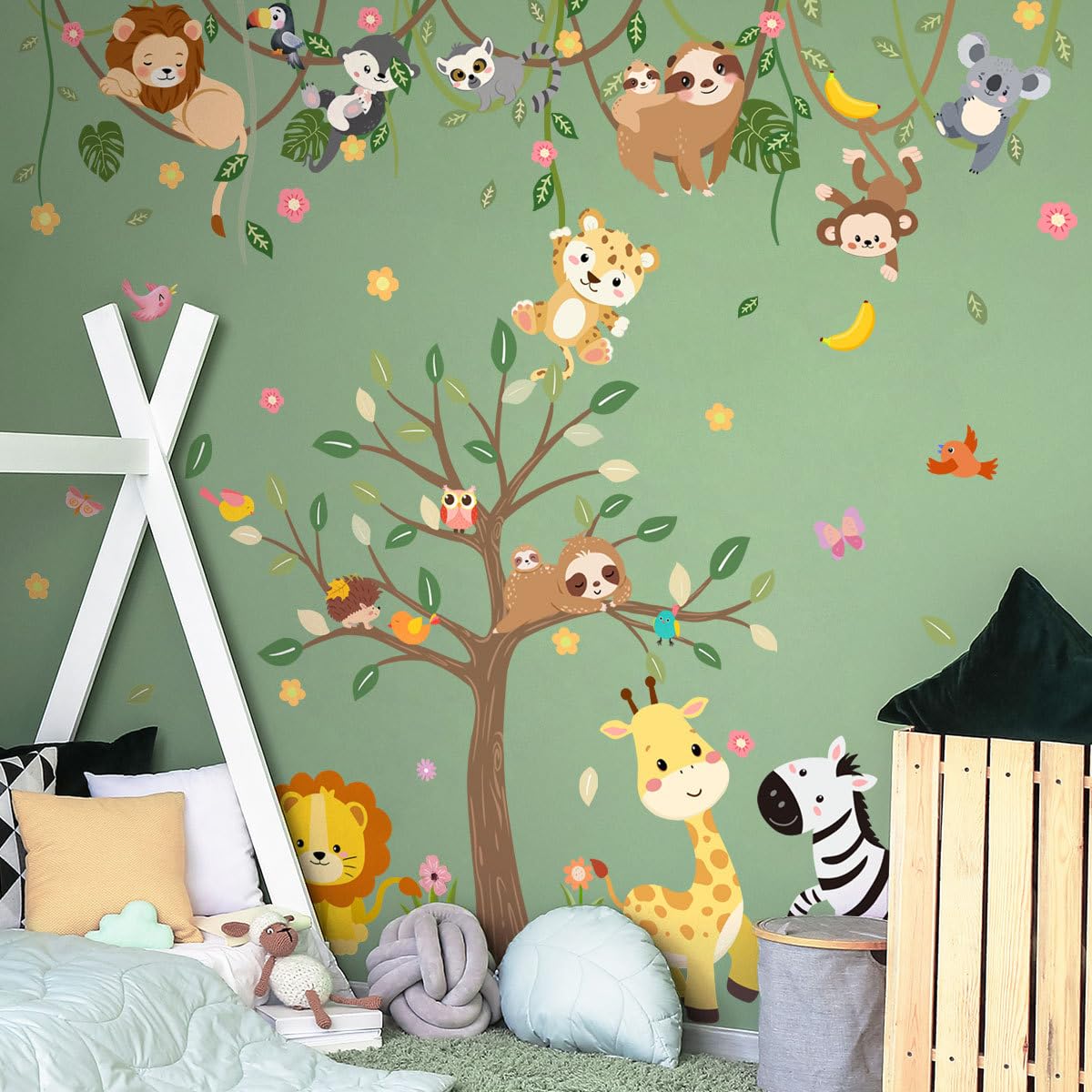 iMagitek Large Jungle Animals Tree Wall Decals Safari Animals Climbing Trees Wall Stickers Elephant Giraffe Lion Sloth Wall Stickers for Baby Nursery Kids Room Playroom Classroom 90.94" x 62.59"