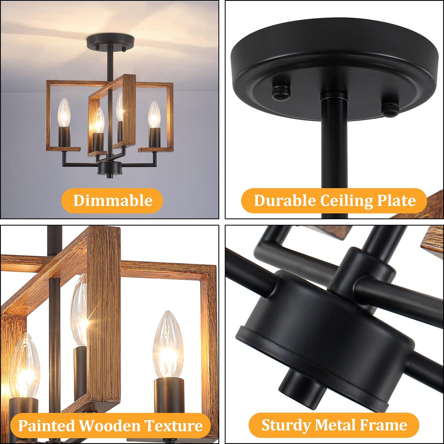 4-Light Semi Flush Ceiling Light, Farmhouse Ceiling Light Fixture Wood Hallway Light Fixture for Kitchen Island Dining Room Entryway Laundry Room Bedroom