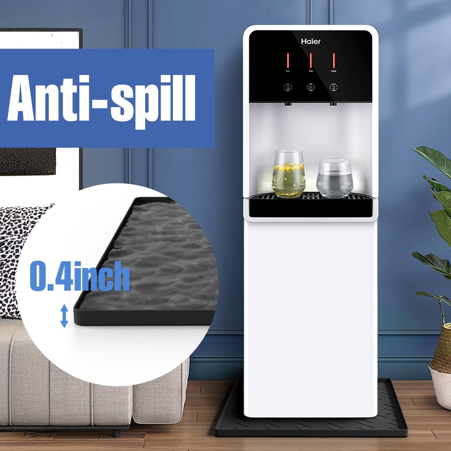 Water Cooler Mat – 19.7" x 19.7" Silicone Water Dispenser Mat for Floor & Countertop, Spill-Proof & Waterproof Tray for Coffee Maker, Kitchen, Pets, Office Use (Black, 19.7' * 19.7')