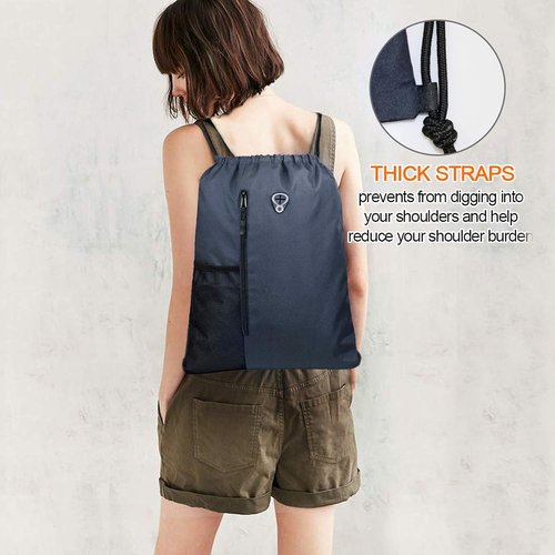 BeeGreen Navy Sports Gym Bag - Large Drawstring Backpack with Zippered Pocket & Mesh Water Bottle Pockets