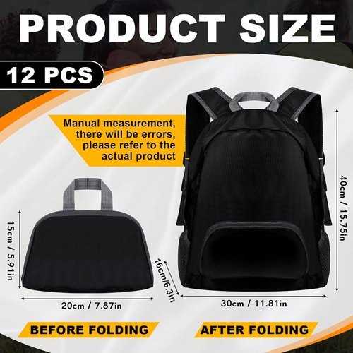 Dunzy Foldable Backpacks - 12 Pcs Lightweight Bulk Set for Travel, Camping & Donations | Black