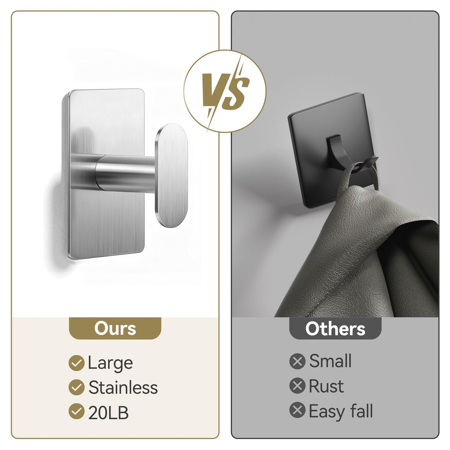 Adhesive Towel Hooks for Bathroom: 20LB Extra Strong Wall Hanger for Shower Kitchen RV Dorm Apartment, Silver 4 Pack