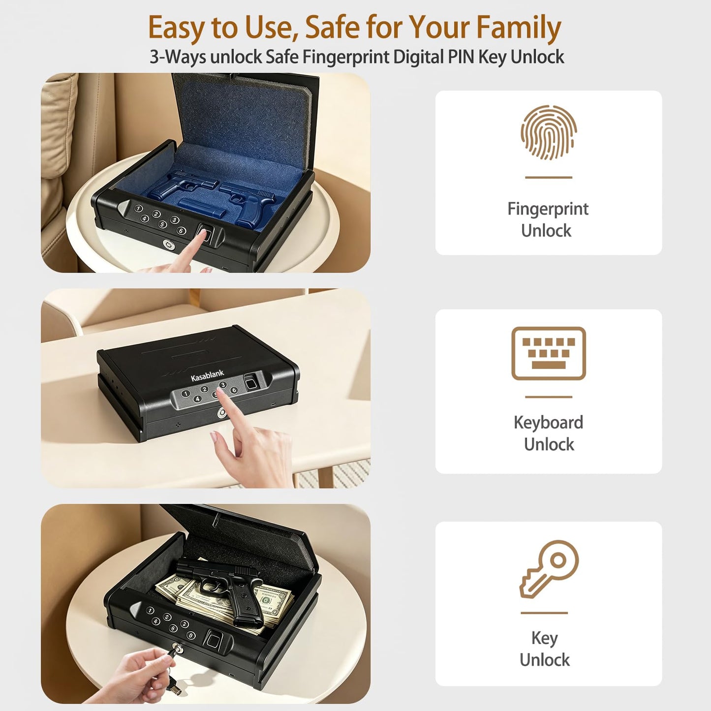 Biometric Fingerprint Handgun Safe, Small Nightstand Gun Lock Box with 3 Access Modes, 0.1s Quick Fingerprint Unlock & Voice Prompt, Heavy Steel Pistol Storage Box for Bedroom Home and Vehicle Use