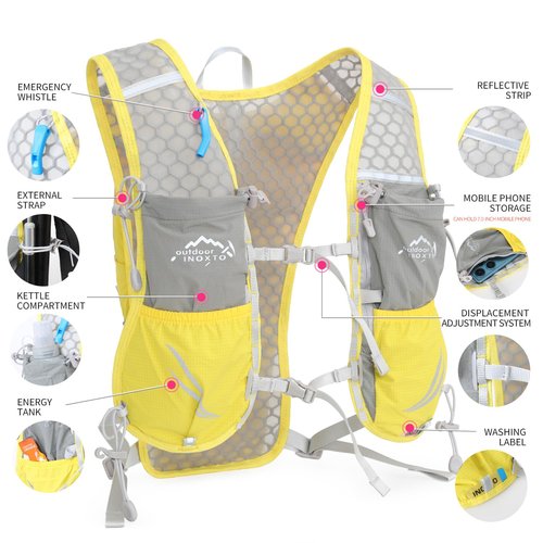 IX INOXTO Running Vest for Women Men, Adjustable Chest Straps Running Hydration Vest with 500ml Soft Flask, Lightweight Breathable Reflective Hydration Backpack for Hiking (Yellow)