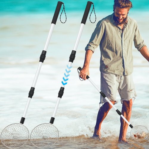 Roshtia 2 Pcs Sand Sifter for The Beach, 22"-33"/17"-36" Shell Scooper Adjustable Beach Shark Tooth Sifter Sand Shovel with Retractable Long Handle for Picking Collecting(5.5", 22"-33" Handle)