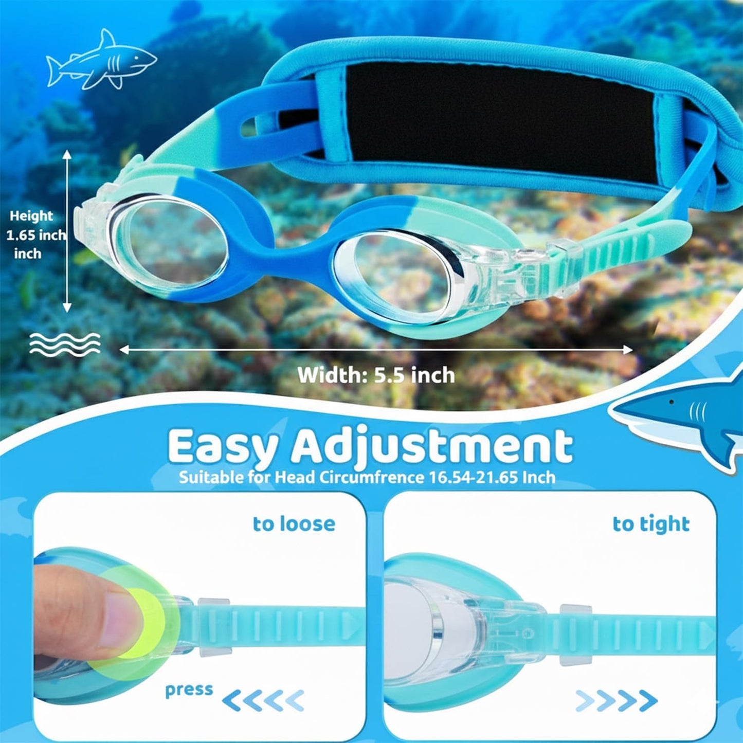 Vvinca Kids Swim Goggles with Fabric Strap No Tangle Pain-Free, Anti-Fog Swimming Pool Goggle No Leak for Toddlers Girls Boys