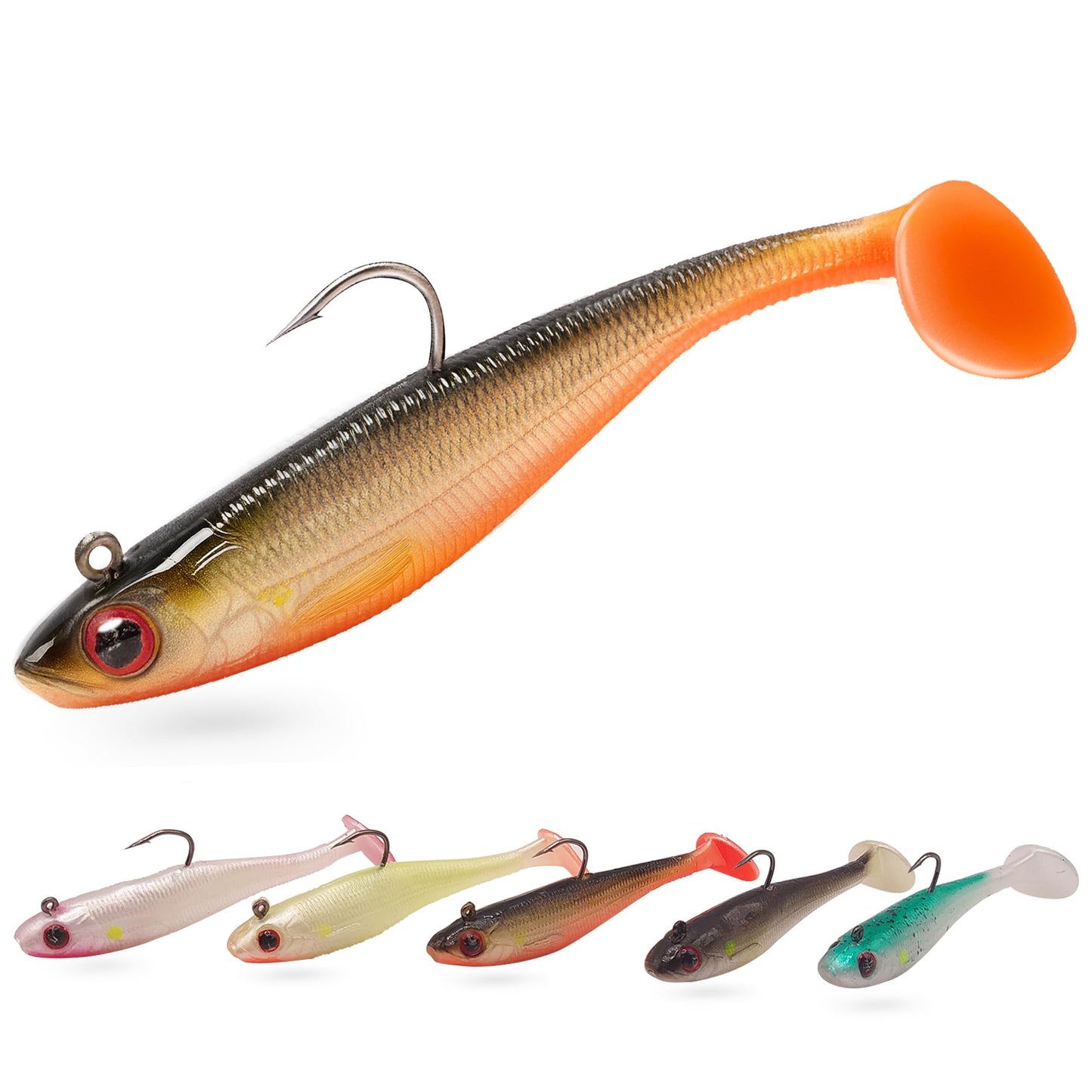 Fish On Tackle 3 1/2" Pre-Rigged Jig Head Fishing Lures Pack of 5 - Soft Plastic Paddle Tail Swimbait with Hook for Freshwater and Saltwater