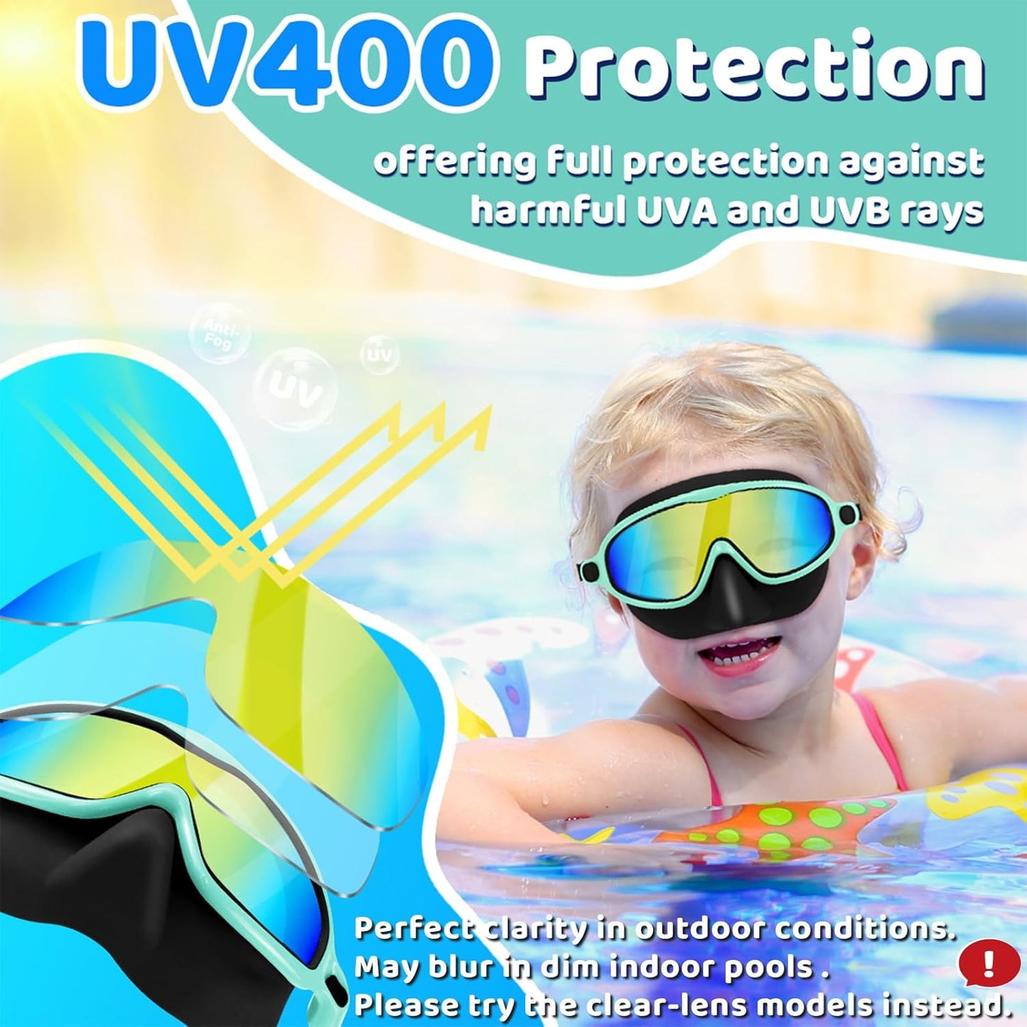 Vvinca Swim Goggles - Anti-Fog Wide View Diving Mask with Nose Cover | 2-Pack for Kids Ages 3-15