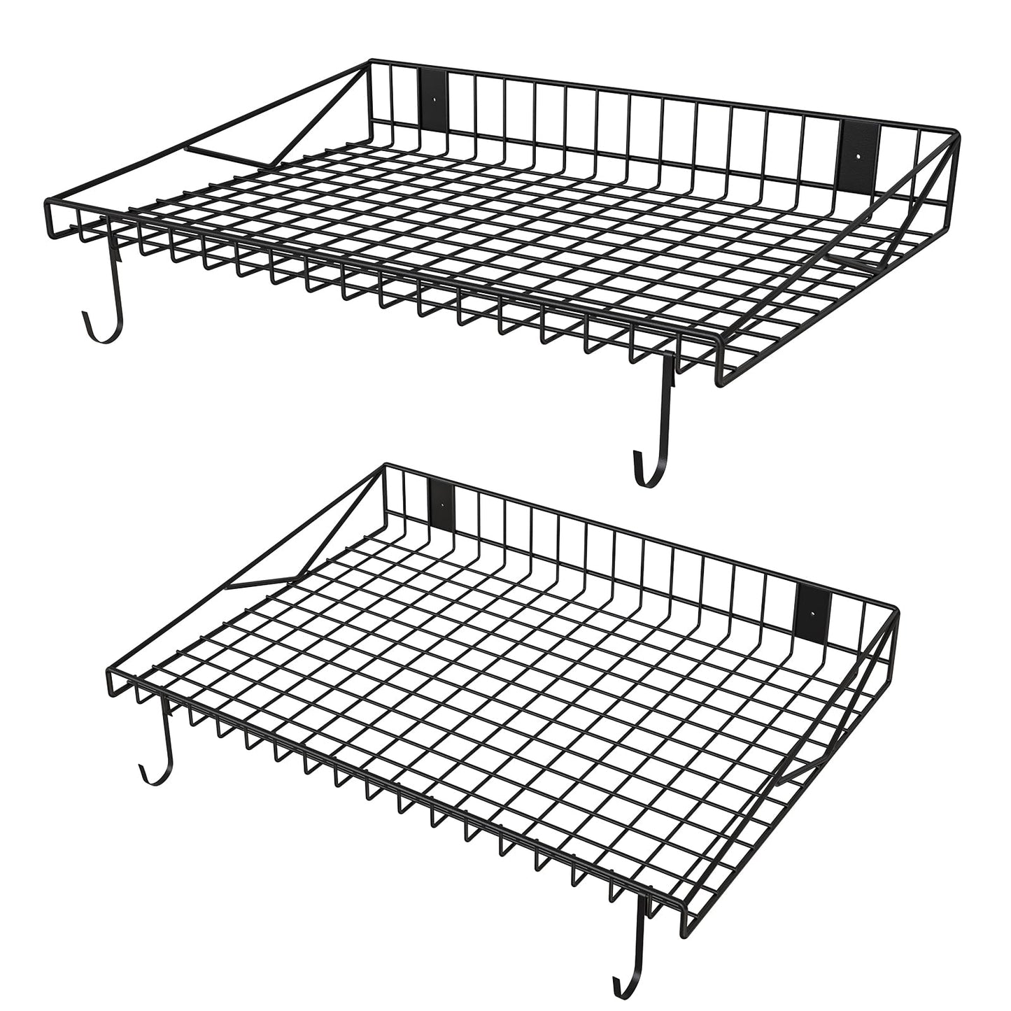 2 Pack Garage Wall Shelf, Garage Wall Mounted Shelving, Heavy Duty Floating Shelves With 4 Hooks, Loads 90 LBS Black Wall Shelves Mesh Storage Rack for Office, Basement, Wall Cabinet and Kitchen